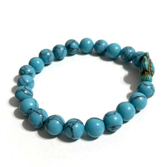 Sea Turtle Howlite Stone Beaded Stretch Bracelet Blue Simulated Turquoise Ocean - Picture 6 of 10